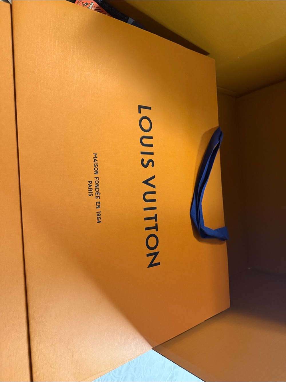 Louis Vuitton Orange Gift Bag with Blue Ribbon Handle and Box Set. - Picture 10 of 15